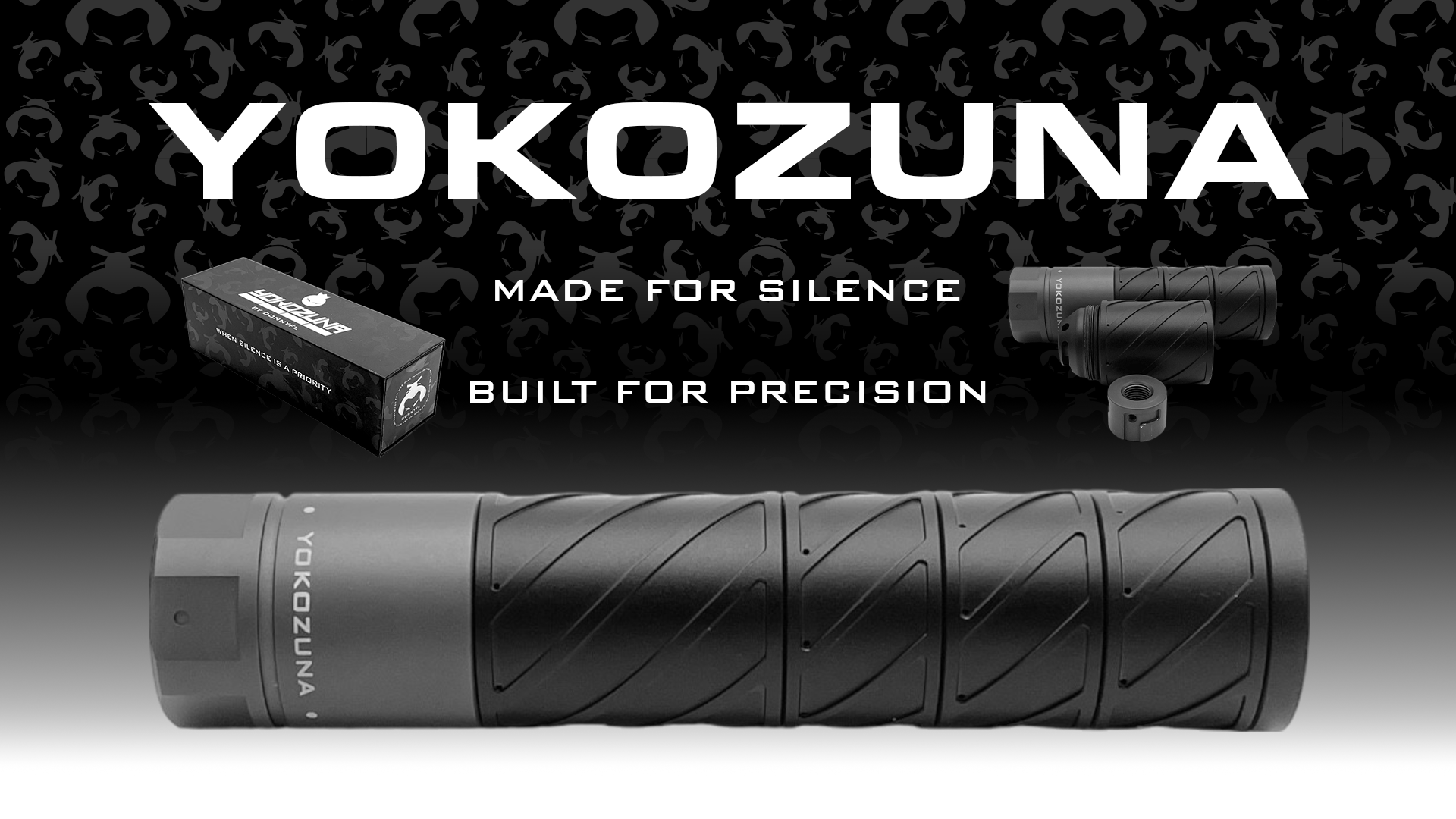 Yokozuna airgun supressor with branding and tagline on a dark background