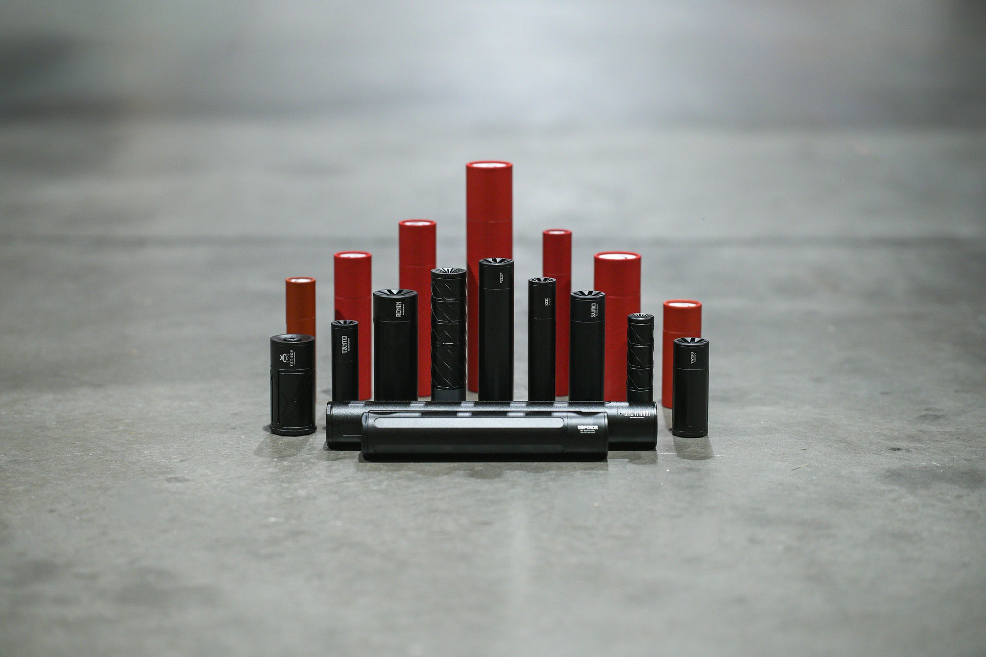 DonnyFL Airgun Suppressors & Air Rifle Moderators lined up decoratively